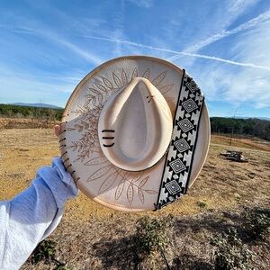 Hand-Burned Suede Western Hat • Adjustable • Boho/Aztec Band